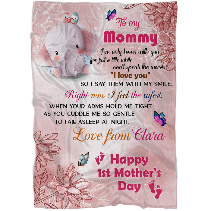 Personalized 1st Mothers Day Blanket To My New Mommy To Be Cute Elephant & Butterfly Blanket Custom Name & Background