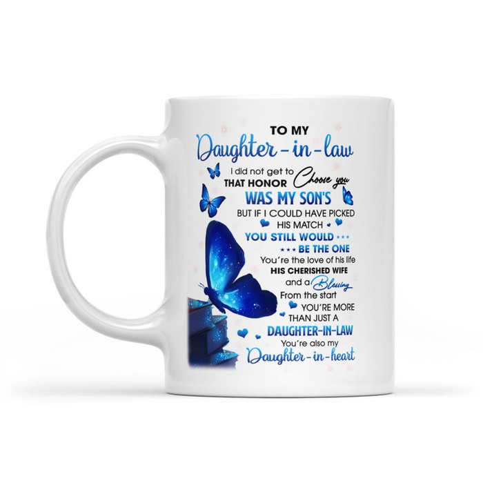 Personalized Coffee Mug Gifts For Daughter In Law Blue Butterflies Picked His Match Custom Name White Cup For Christmas