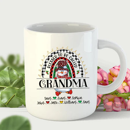 Personalized Coffee Mug Gifts For Grandma Blessed To Be Called Snowman Plaid Custom Grandkids Name Christmas White Cup