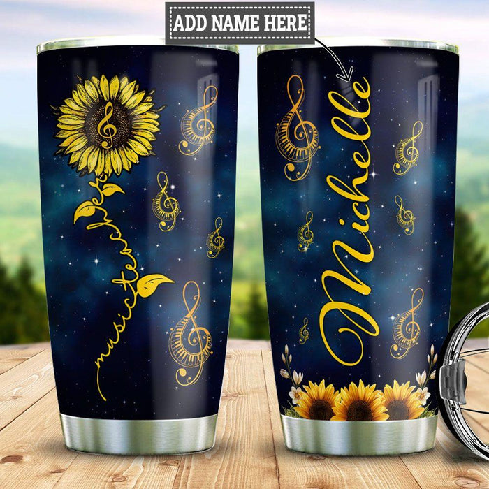 Personalized Travel Cup For Music Teacher Sunflowers Music Note 20oz Funny Tumbler Custom Name Back To School Gifts