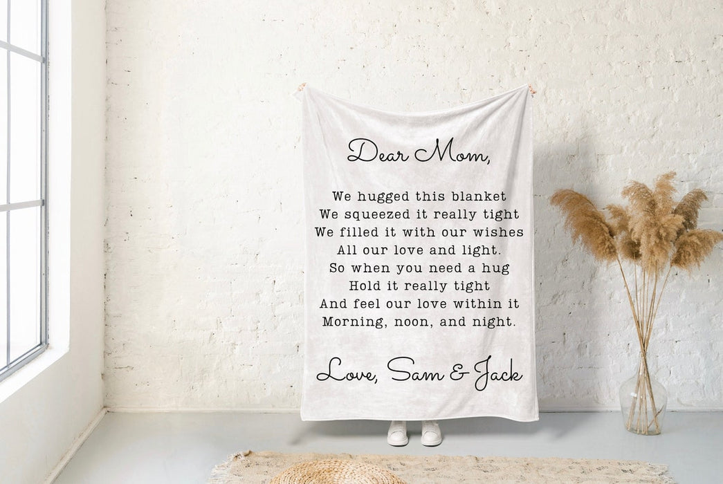 Personalized Letter Blanket For Mother Dear Mom We Hugged This Blanket White Background Custom Kids Name