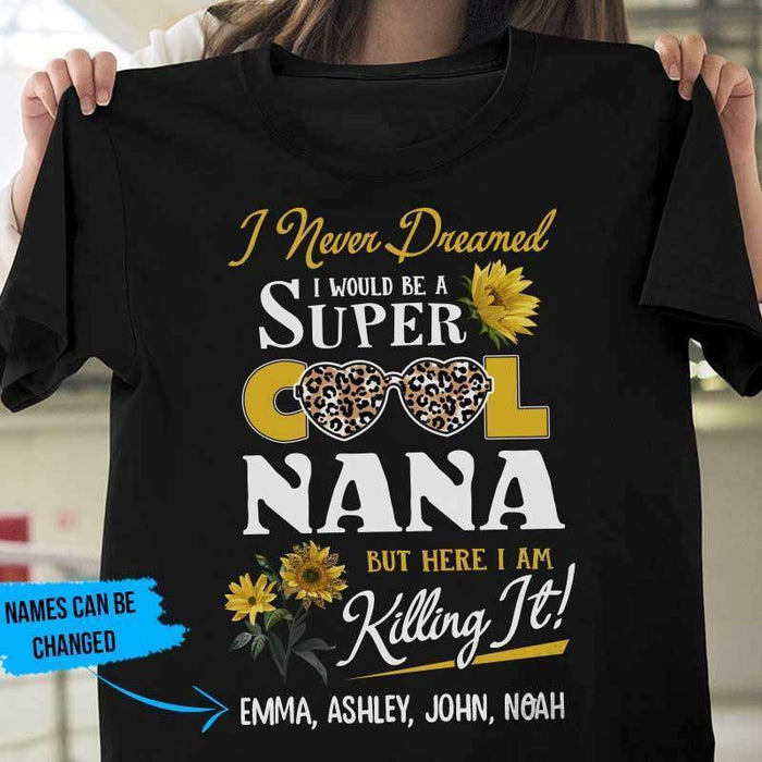 Personalized T-Shirt For Grandma Super Cool Nana Leopard Design Sunflower Printed Custom Grandkids Name