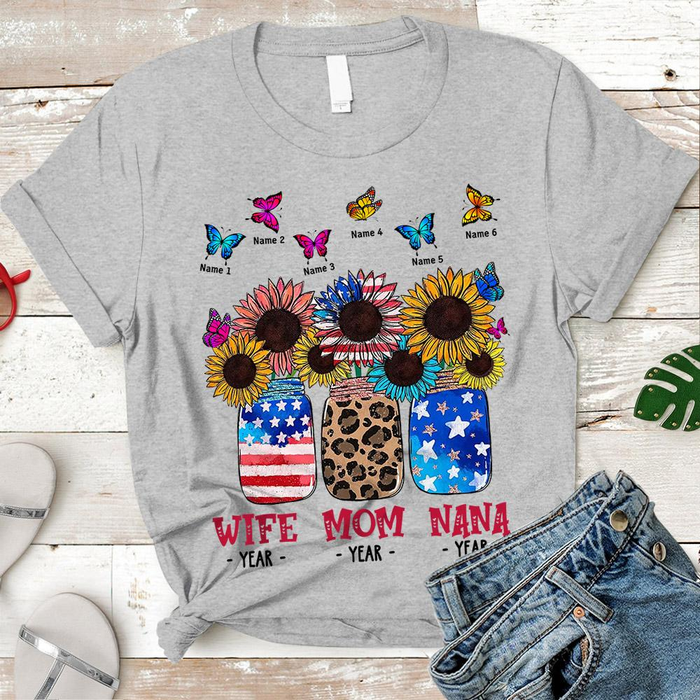 Personalized T-Shirt For Grandma Wife Mom Nana USA Flag & Sunflower Design Custom Grandkids Name 4th July Day Shirt