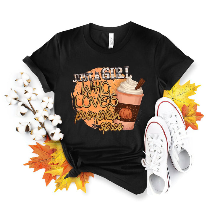 Classic T-Shirt For Women Just A Girl Who Loves Pumpkin Spice Plaid Sparkle Design With Pumpkin Cup Printed Fall Shirt