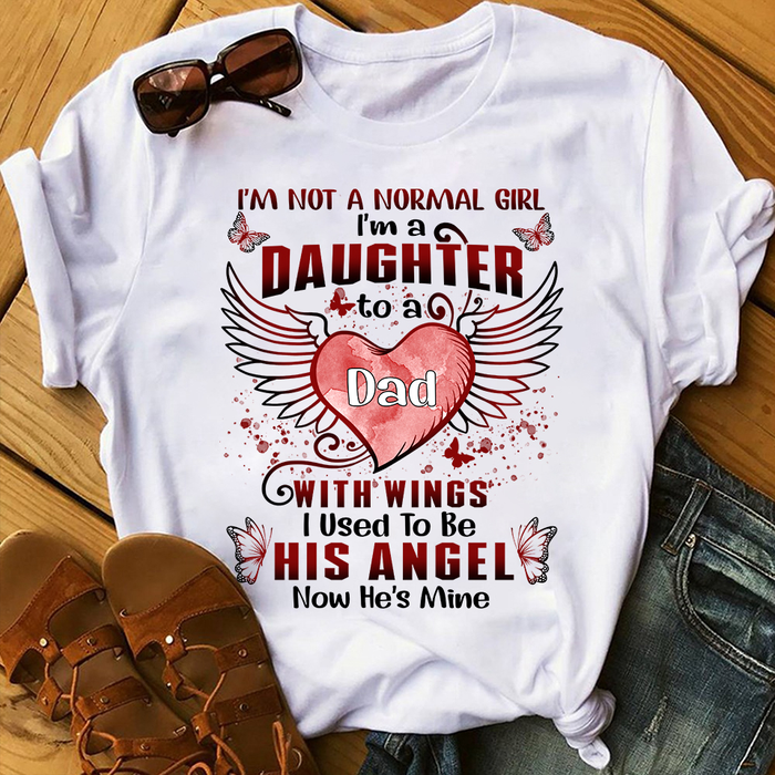 Personalized Memorial T-shirt For Women To My Dad In Heaven Heart With Angel Wings Printed Custom Name
