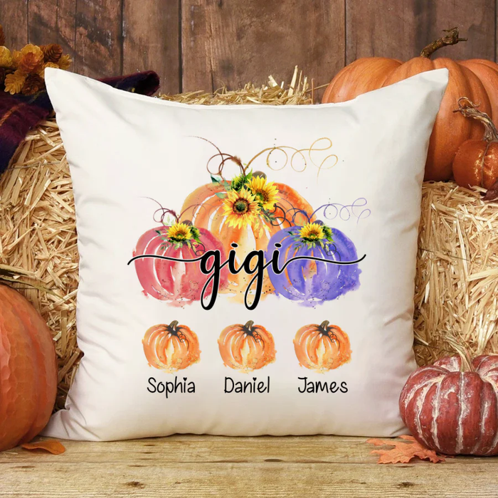 Personalized Square Pillow For Grandma Gigi Sunflower Pumpkins Autumn Custom Grandkids Name Sofa Cushion Christmas Gifts