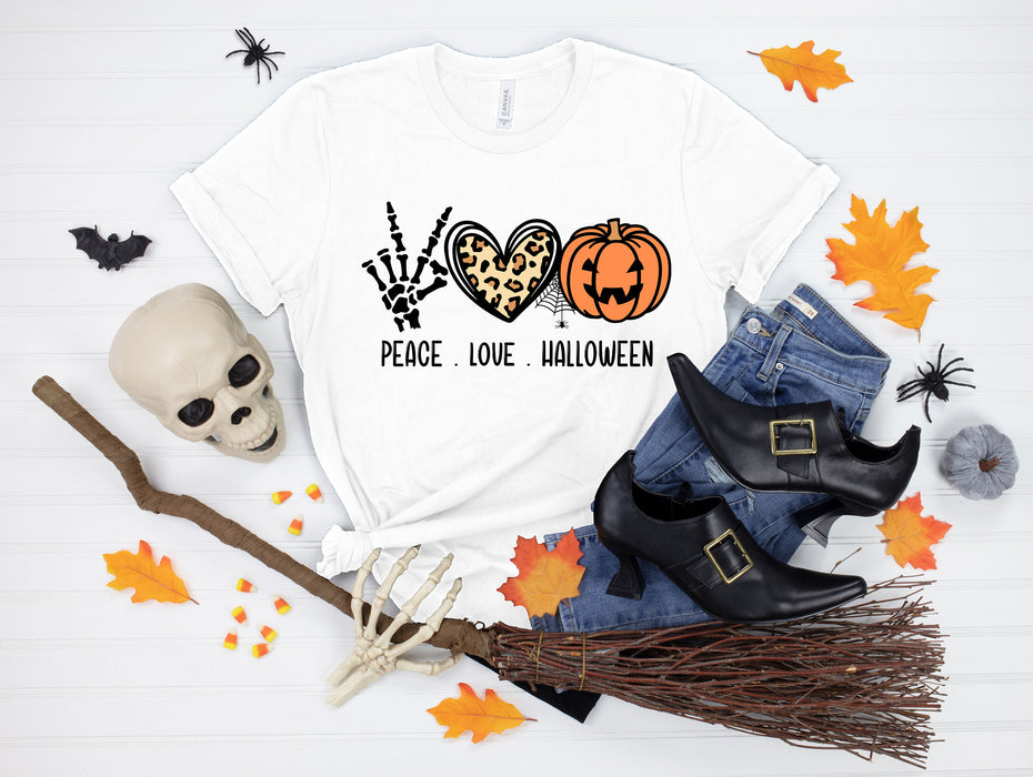 Classic T-Shirt For Women Peace Love Halloween Skeleton Hand Leopard Heart Cute Pumpkin Printed Shirt For Halloween