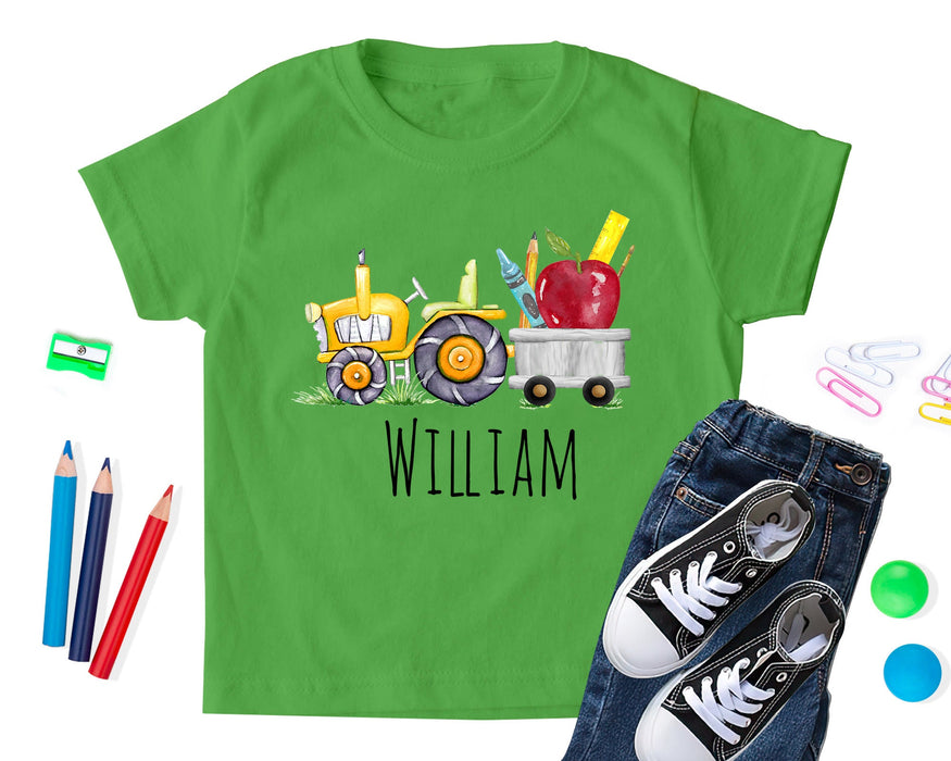 Personalized T-Shirt Gifts For Kid Children Tractor Cute Truck With Pencil Apple Custom Name Shirt Back To School Outfit