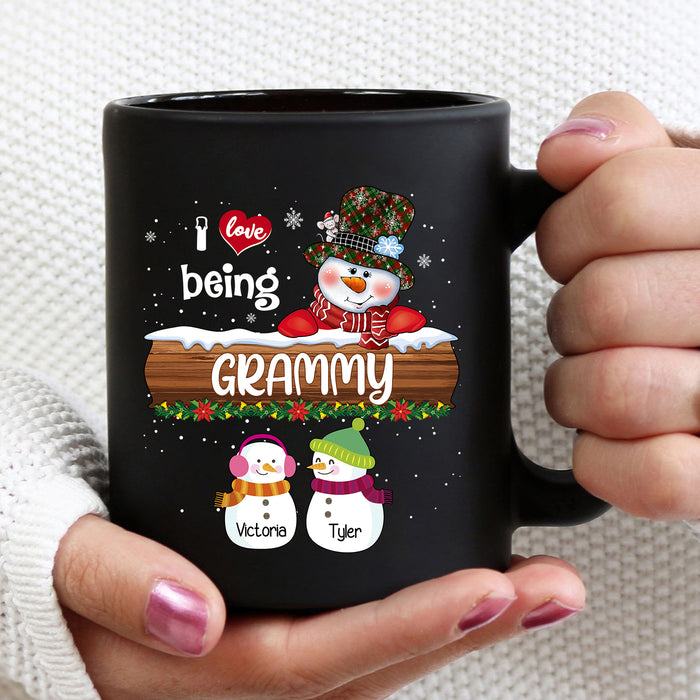 Personalized Coffee Mug Gifts For Grandma I Love Being Grammy Snowman Snowmies Custom Grandkids Name Christmas Black Cup