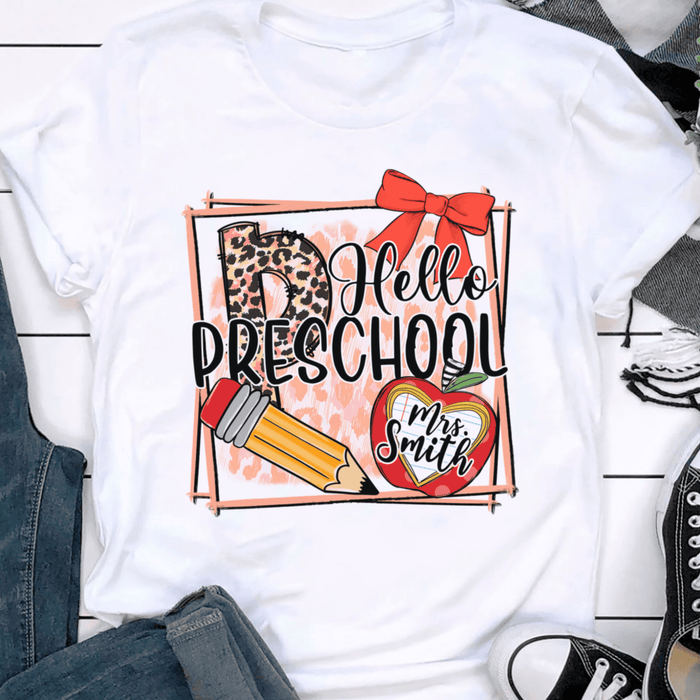 Personalized T-Shirt For Teacher Hello Preschool Leopard Apple Pencil Custom Name Shirt Gifts For Back To School