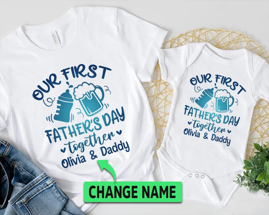 Personalized Matching T-Shirt & Baby Onesie Our First Father's Day Funny Milk & Beer Printed Custom Name Daddy & Baby Set