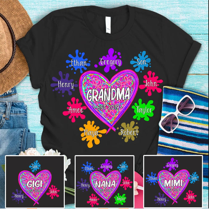 Personalized T-Shirt For Grandma Est Year Colorful Heart Paint Splatter Printed Custom Grandkids Name