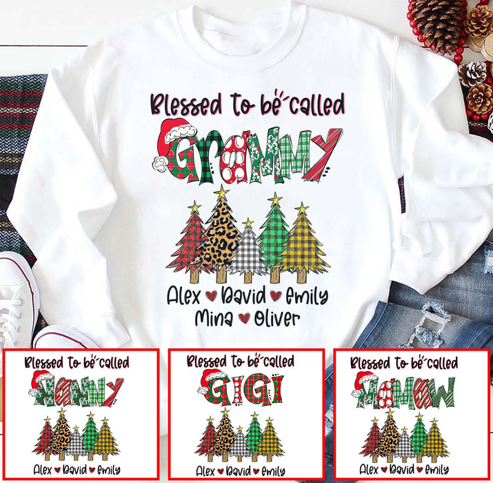 Personalized Sweatshirt Blessed To Be Called Grammy Xmas Tree & Leopard Heart Printed Custom Grandkids Name