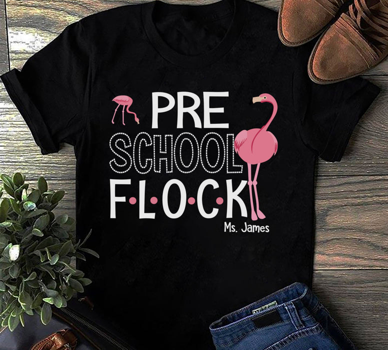 Personalized T-Shirt For Teacher Preschool Flock Pink Flamingo Printed Custom Name Back To School Outfit