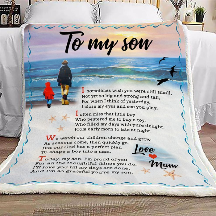 Personalized Fleece Blanket To My Son Mom & Baby Boy On The Beach Premium Blankets Custom Name