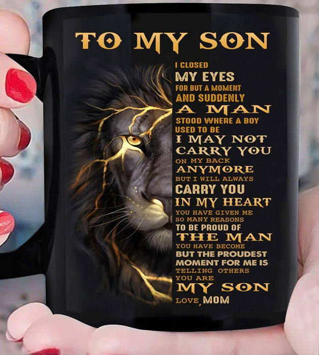Personalized To My Son Coffee Mug From Mom Dad Proud Of The Man Lighting Lion Custom Name Black Cup Gifts For Birthday