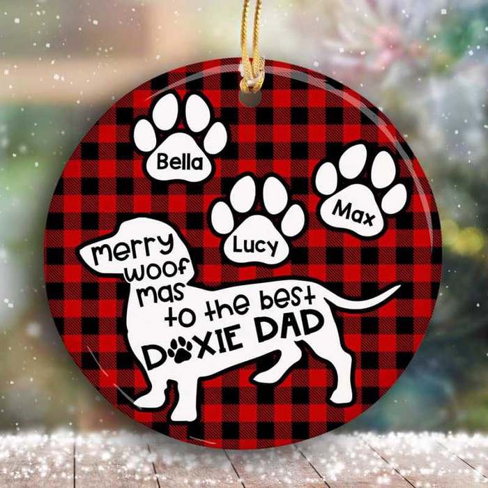 Personalized Circle Ornament For Dog Lovers Merry Woof Mas To The Doxie Dad Paws Printed Plaid Design Custom Dog's Name