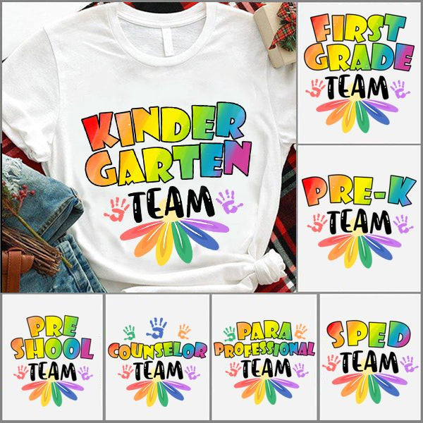 Personalized T-Shirt For Teacher Kindergarten Team Handprint Color Design Back To School Outfit Custom Grade Level