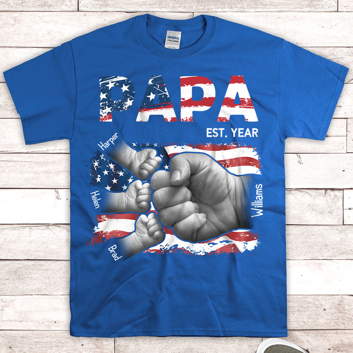 Personalized T-Shirt For Grandpa Papa America Flag & Fist Bump Print Custom Grandkids Name Independence Day Shirt