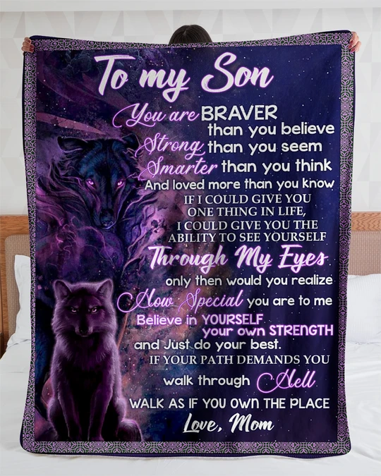 Personalized Wolves Blanket To My Son From Mom Believe In Yourself You Own Strength Purple Wolf Fleece Blanket