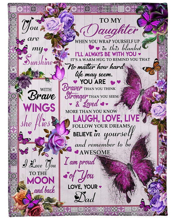 Personalized Blanket To My Daughter From Dad Laugh Love Live Butterfly & Rose Print Wooden Background Custom Name