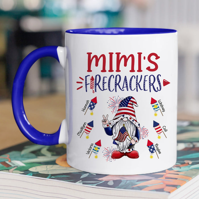 Personalized Accent Mug For Grandma Mimi's Firecrackers USA Flag Design Custom Grandkids Name 11 15oz 4th Of July Cup