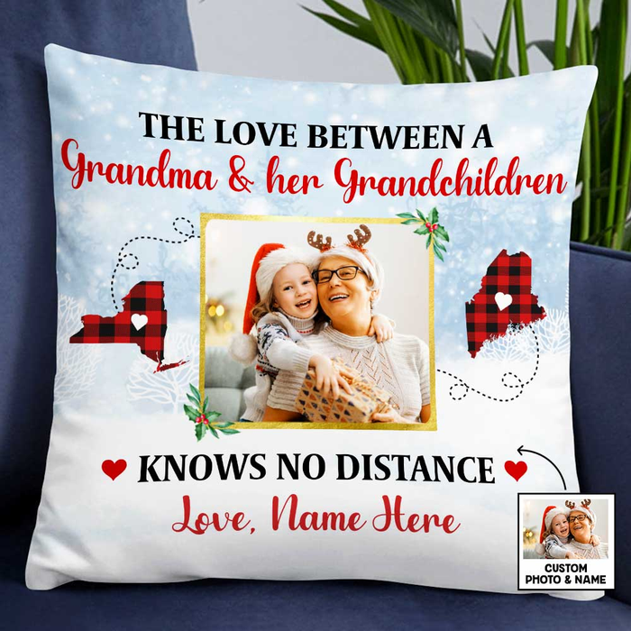 Personalized Square Pillow For Grandma Grandchild No Distance Plaid Snowflakes Custom Name Sofa Cushion Christmas Gifts