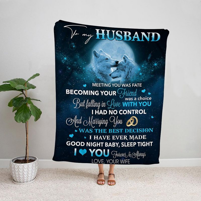 Personalized Blanket To My Husband Meeting You Was Fate Sweet Wolf Couple & Moon Prints Valentine Blankets Custom Name