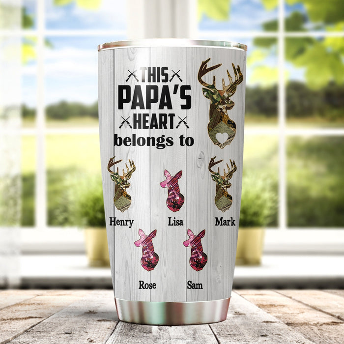 Personalized Tumbler Gifts For Grandpa From Grandkids This Papa's Heart Belongs To Deer Hunting Custom Name Travel Cup