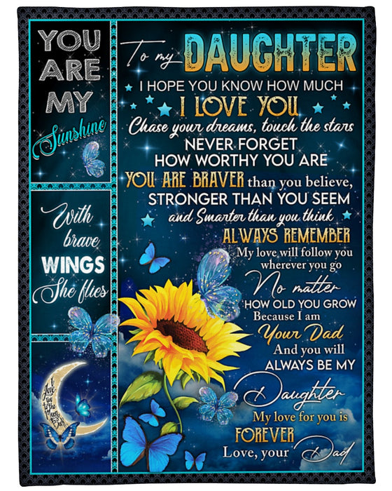 Personalized Blanket To My Daughter From Dad Butterfly Crescent Moon & Sunflower Print Star Night Custom Name