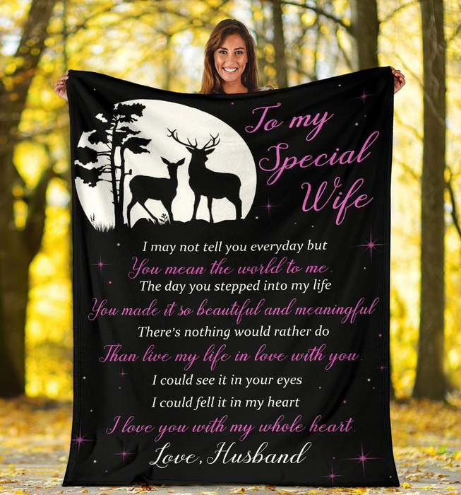 Personalized Romantic Fleece Blanket To My Wife You Mean The World To Me Deer Couple & Moon Blankets Custom Name