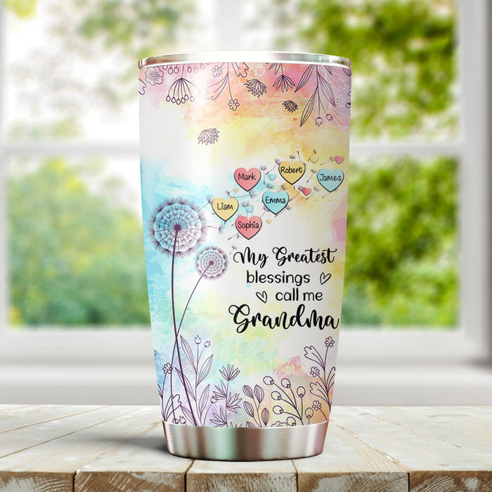 Personalized Tumbler For Grandma My Blessings Colorful Heart Dandelions Custom Grandkids Name Travel Cup Christmas Gifts