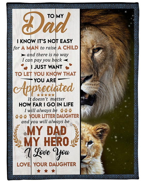 Personalized Blanket To My Dad My Hero From Daughter Old Lion And Baby Lion Printed Wooden Background Custom Name