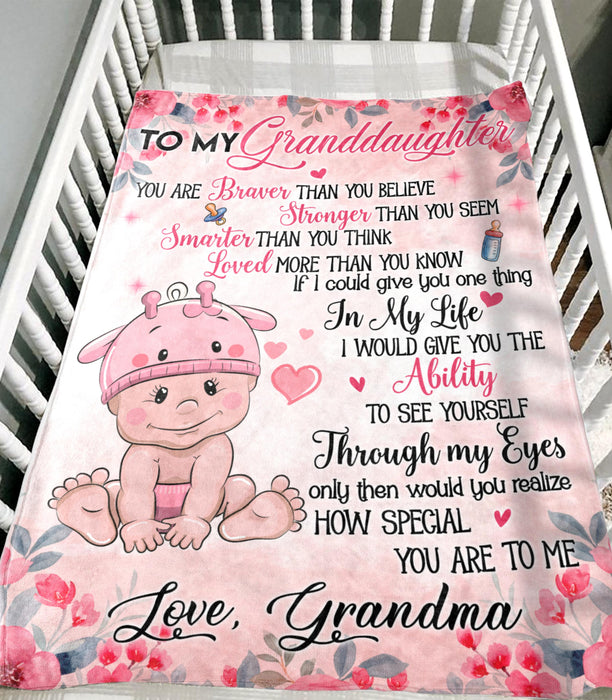 Personalized To My Granddaughter From Grandma Lovely Baby & Beautiful Flower Printed Pink Background Custom Name