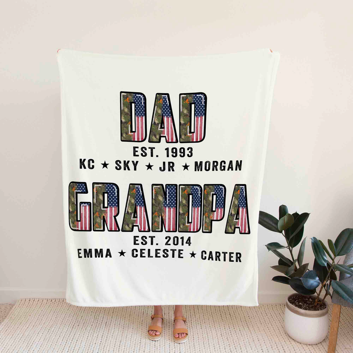 Personalized Blanket Gifts For Grandpa From Grandchild Veteran Camo American Flag Dad Papa Custom Name For Christmas
