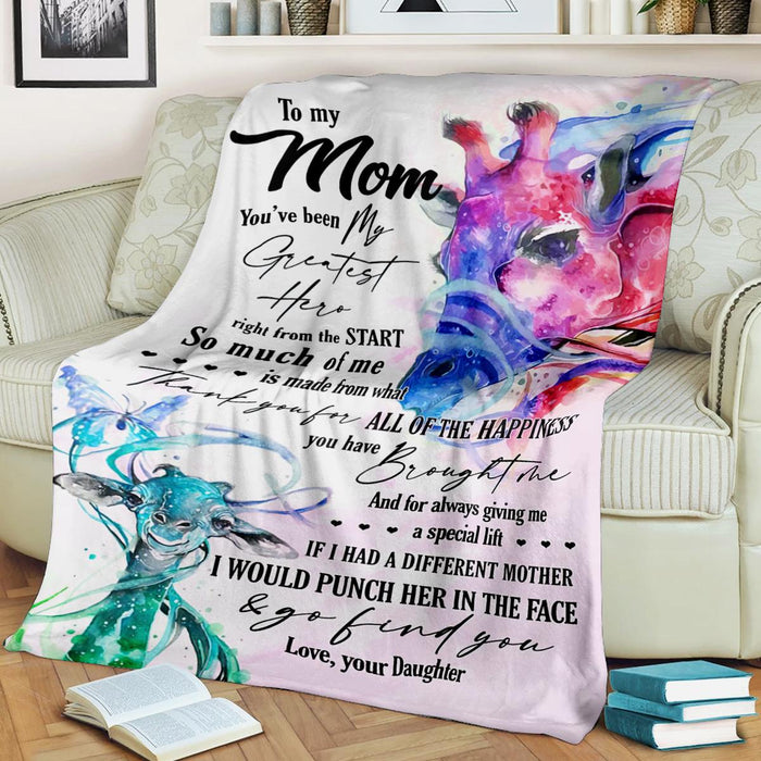 Personalized To My Mom Blanket From Daughter You'Ve Been My Greatest Hero Cute Colorful Giraffe Printed