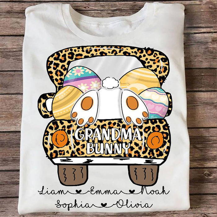 Personalized T-Shirt Grandma Bunny Easter Eggs Truck Leopard Design Custom Grandkids Name Easter Day Shirt