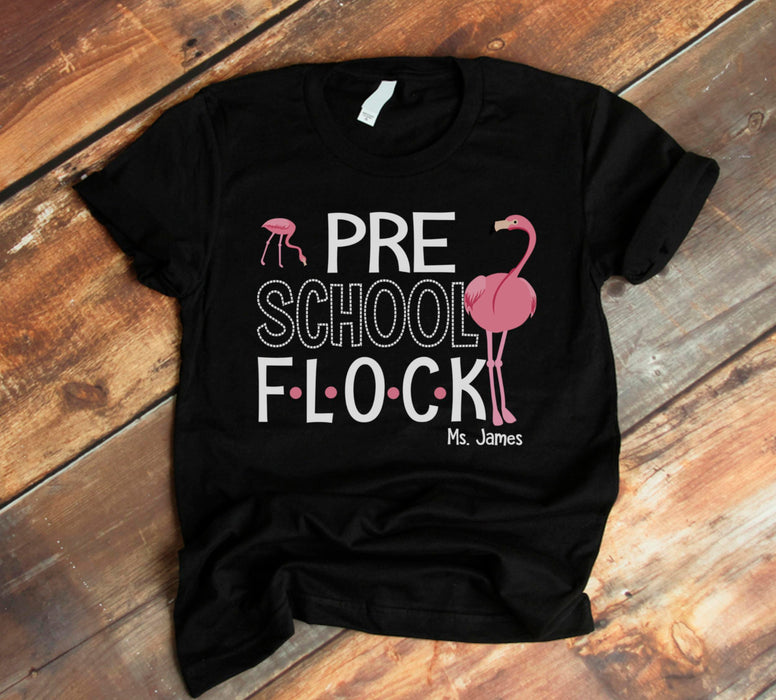 Personalized T-Shirt For Teacher Preschool Flock Pink Flamingo Printed Custom Name Back To School Outfit