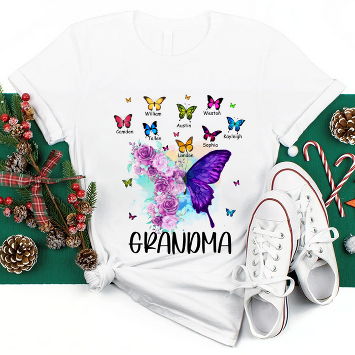 Personalized T-Shirt For Grandma Flower & Colorful Butterfly Printed Custom Grandkids Name Mothers Day Shirt