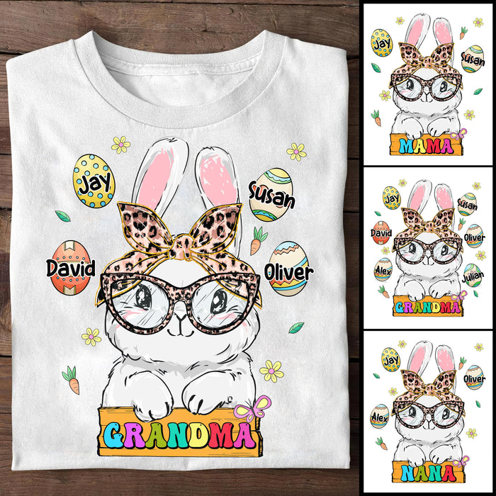 Personalized T-Shirt For Grandma Cute Bunny With Headband & Easter Eggs Printed Custom Grandkids Name Happy Easter Day