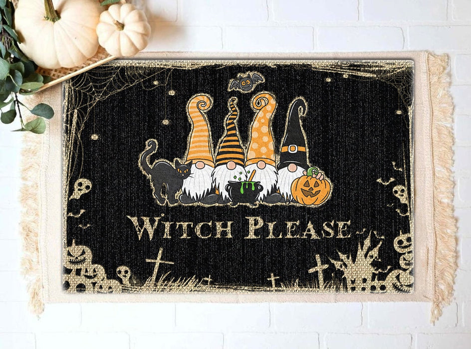 Welcome Doormat Witches Please Cute Witch Gnome With Black Stripe Polka Dot Hat And Pumpkin Ghost Grave Printed