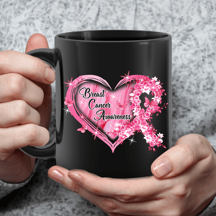 Novelty Coffee Mug For Breast Cancer Awareness Ribbon And Heart Pink & Tie Dye Design Butterfly Print 11 15oz Cup