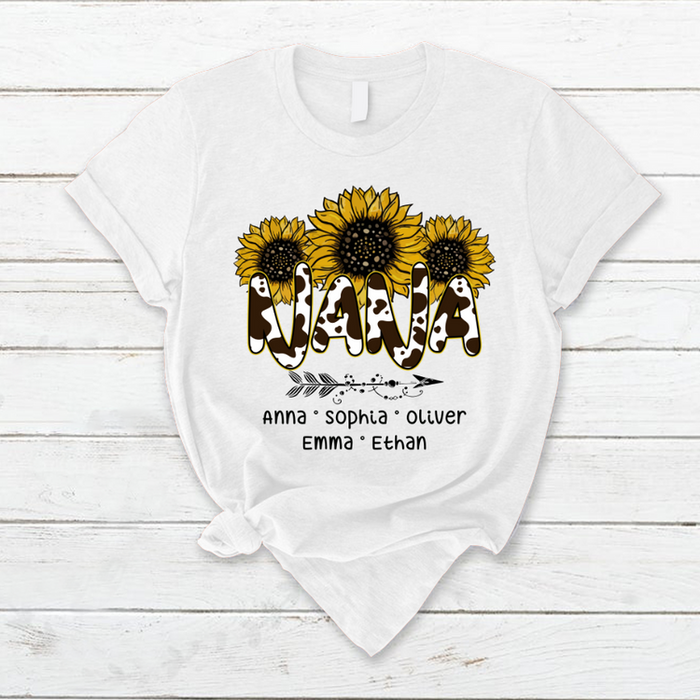 Personalized T-Shirt For Grandma Nana Milk Cow Style With Sunflower & Arrow Printed Custom Grandkids Name