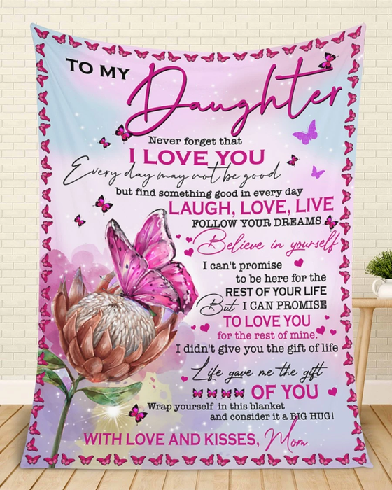 Personalized Lovely Fleece Blanket To My Daughter Protea & Pink Butterflies Pattern Print Custom Name Throw Blanket