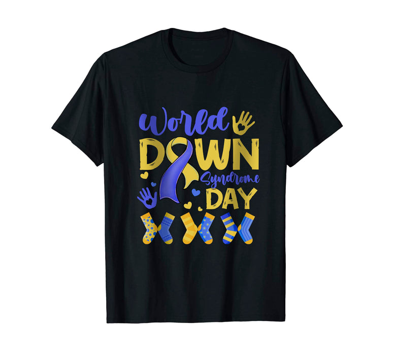 Classic Unisex T-Shirt For Men Women World Down Syndrome Day Blue & Yellow Ribbon Handprint & Socks Printed