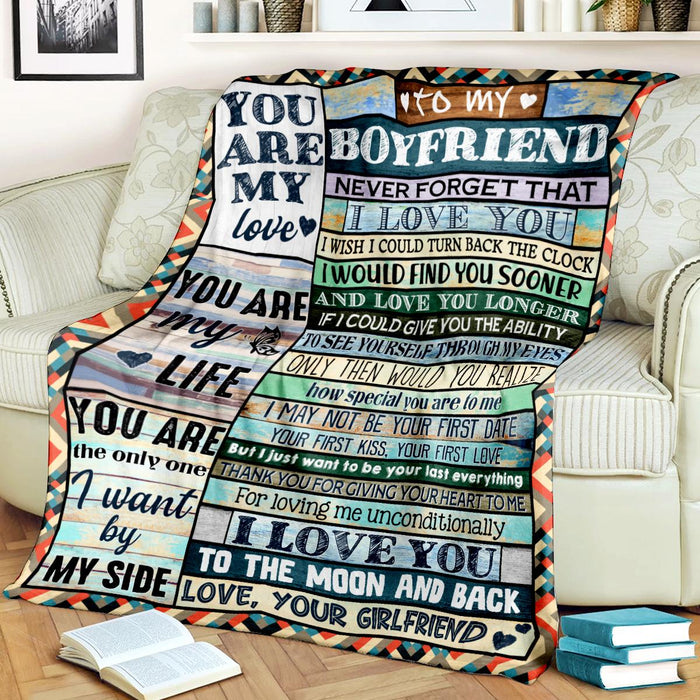 Personalized To My Boyfriend Blanket From Girlfriend Never Forget That I Love You Wooden Background Valentines Blanket