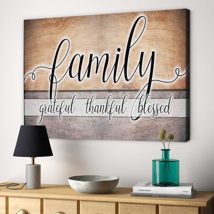 Matte Wall Art Canvas For Family Vintage Wooden Background Thankful Blessed Family Premium Poster Printed
