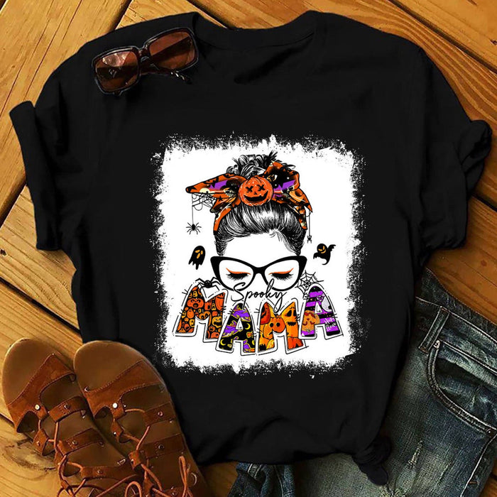 Personalized T-Shirt & Sweatshirt For Grandma Spooky Mama Messy Bun Hair With Pumpkin & Ghost Printed Custom Nickname