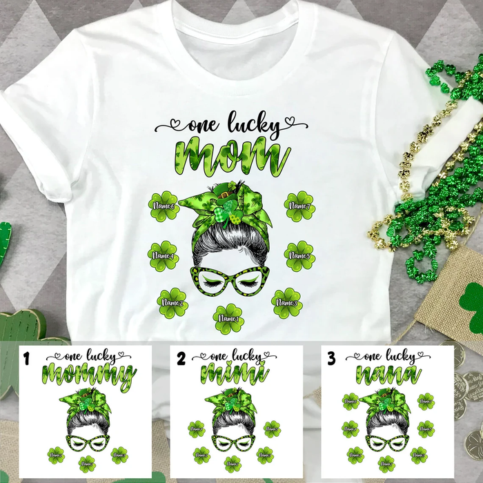 Personalized T-Shirt For Mom One Lucky Mom Messy Bun Hair Woman & Shamrocks Printed Custom Kids Name St Patrick'S Day