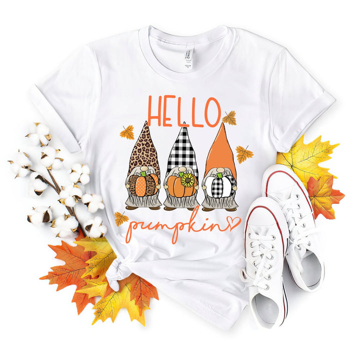 Classic Unisex T-Shirt For Men Women Hello Fall Three Cute Gnomes With Pumpkin And Leaf Printed Fall Shirts